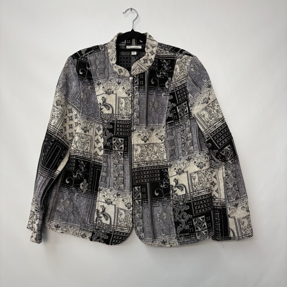 Dressbarn Women 18/20 Patchwork Zip Up Jacket Black Gray Art to Wear Mock Neck